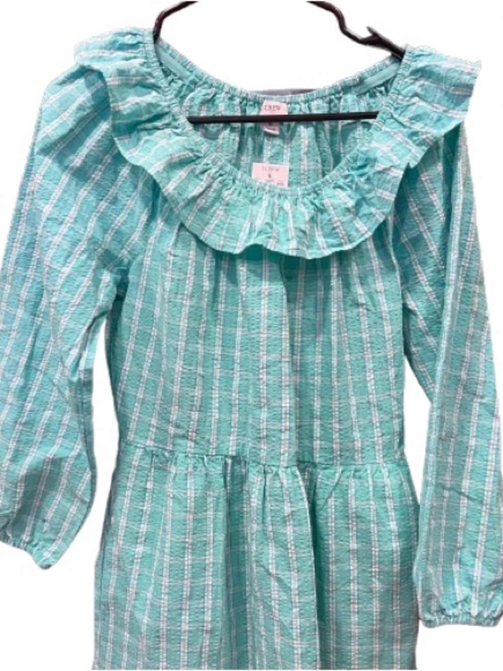 NWT J.Crew Seersucker Ruffle Neck Dress Radiant Aqua Size 6
